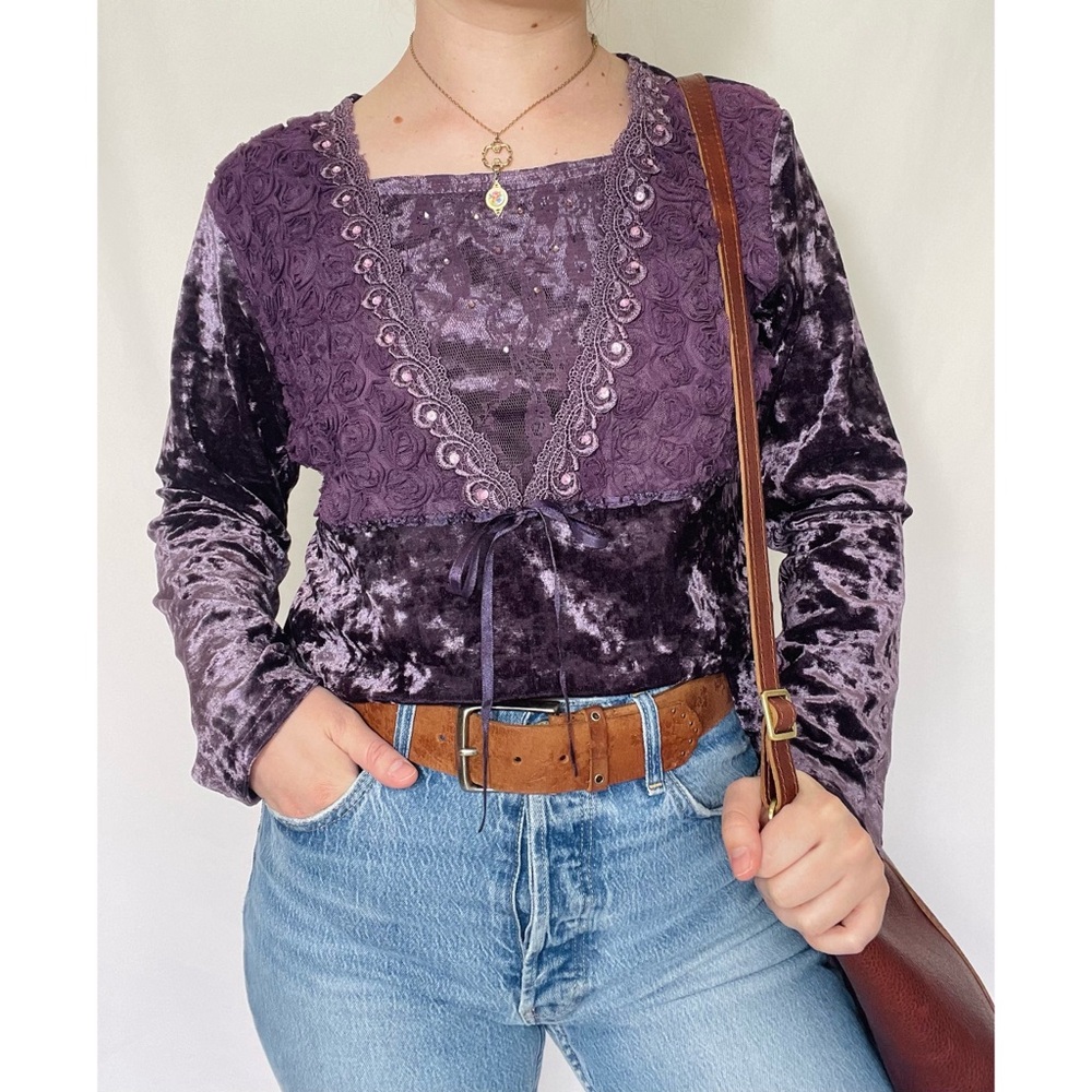 Y. S. Shine | Y2k 90s Purple Velvety Lace Sequin Rosettes  Long-Sleeve Blouse
